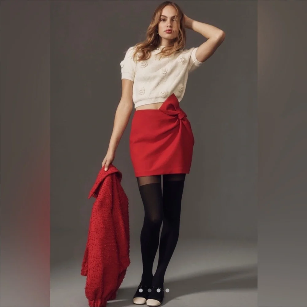 Anthropologie Maeve Twist Bow Mini Skirt Womens Sz 2 Red